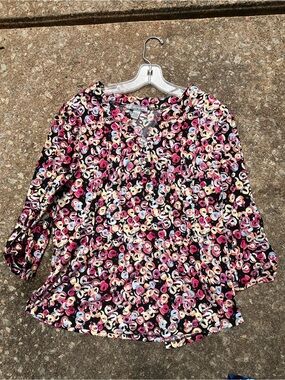 By Design Womens Floral Print V-Neck Blouse - Black with Pink & Cream L